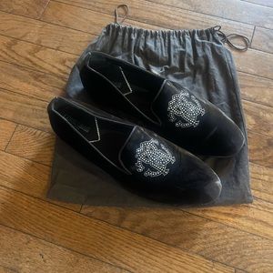 Roberto Cavalli Brown Embellished Logo Velvet Smoking Slip-on in size EURO-43